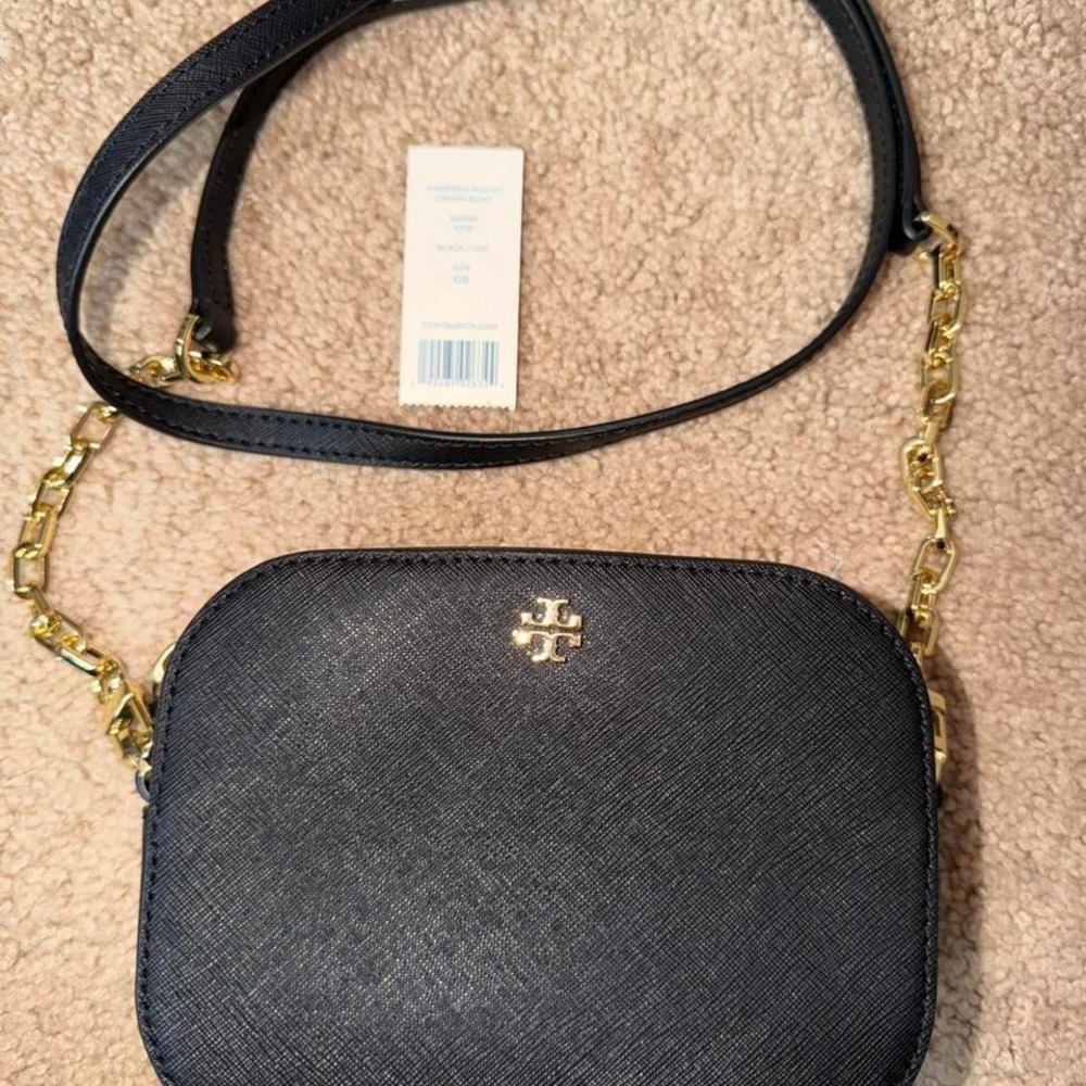 Tory Burch Emerson Round Crossbody Black Saffiano Gold Chain Authentic Classic